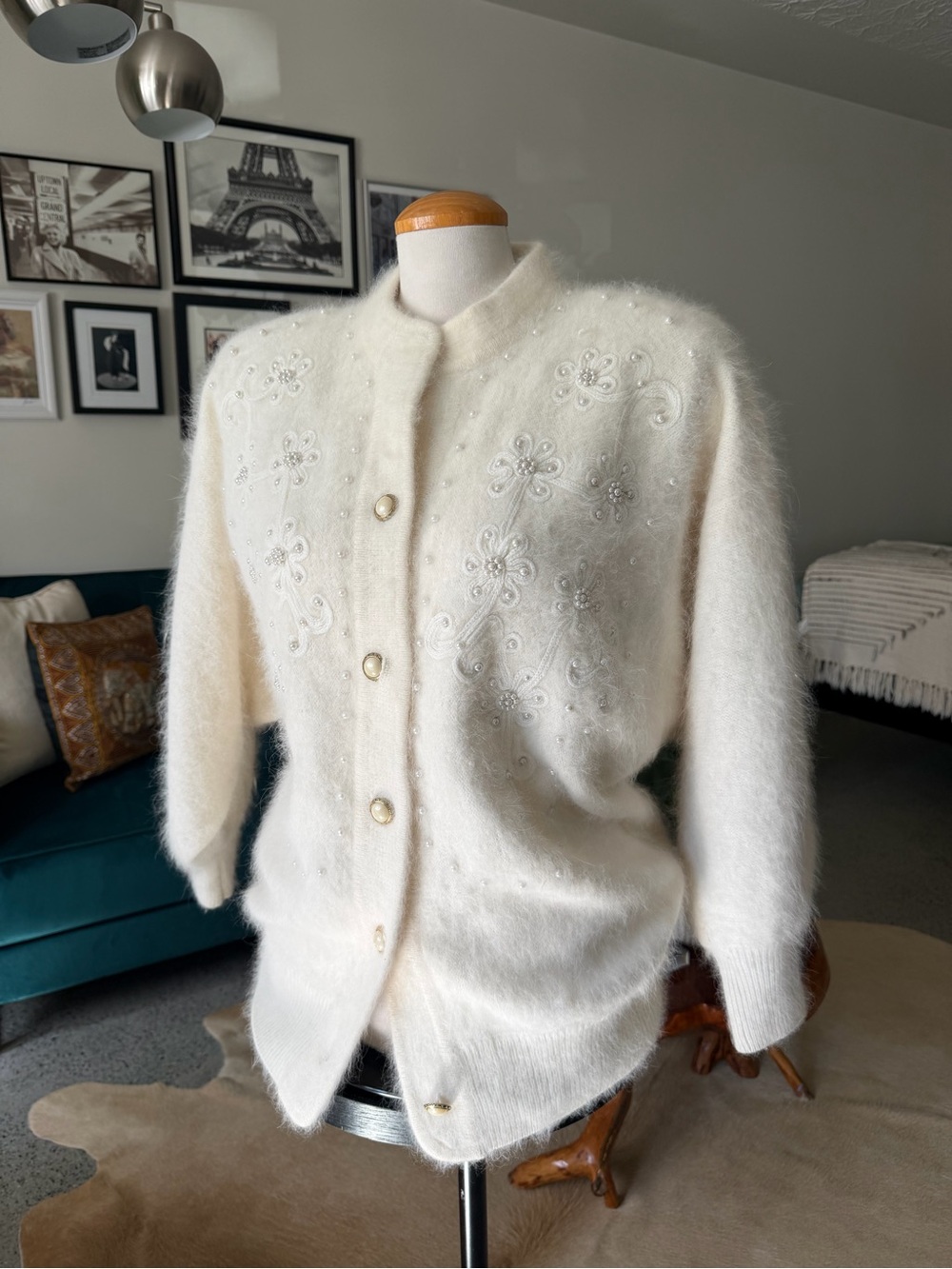 Cream Embellished angora Cardigan Sweater - Classic Button Front